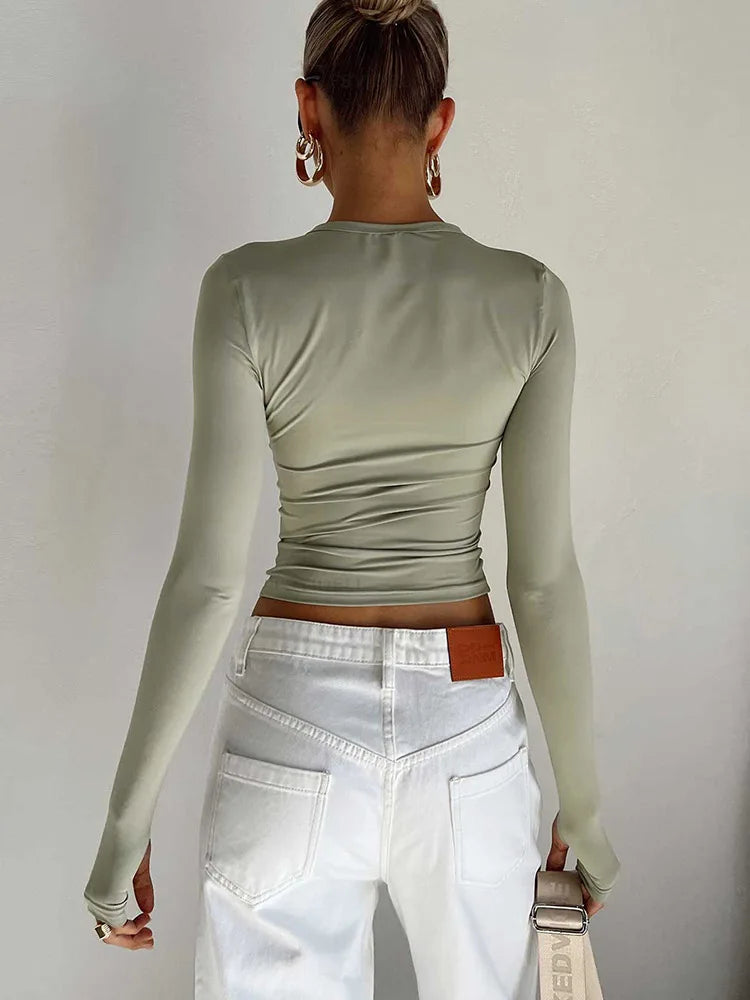Women Long Sleeve Crew Neck Solid Slim Fit Ladies Crop Top