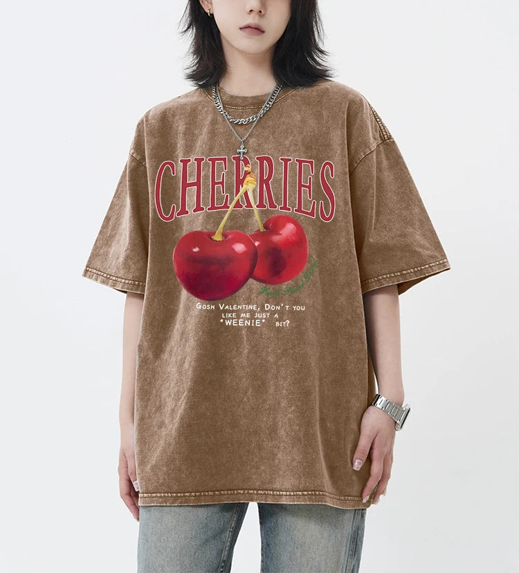 Cherry And Letter Pattern Snow Wash Top