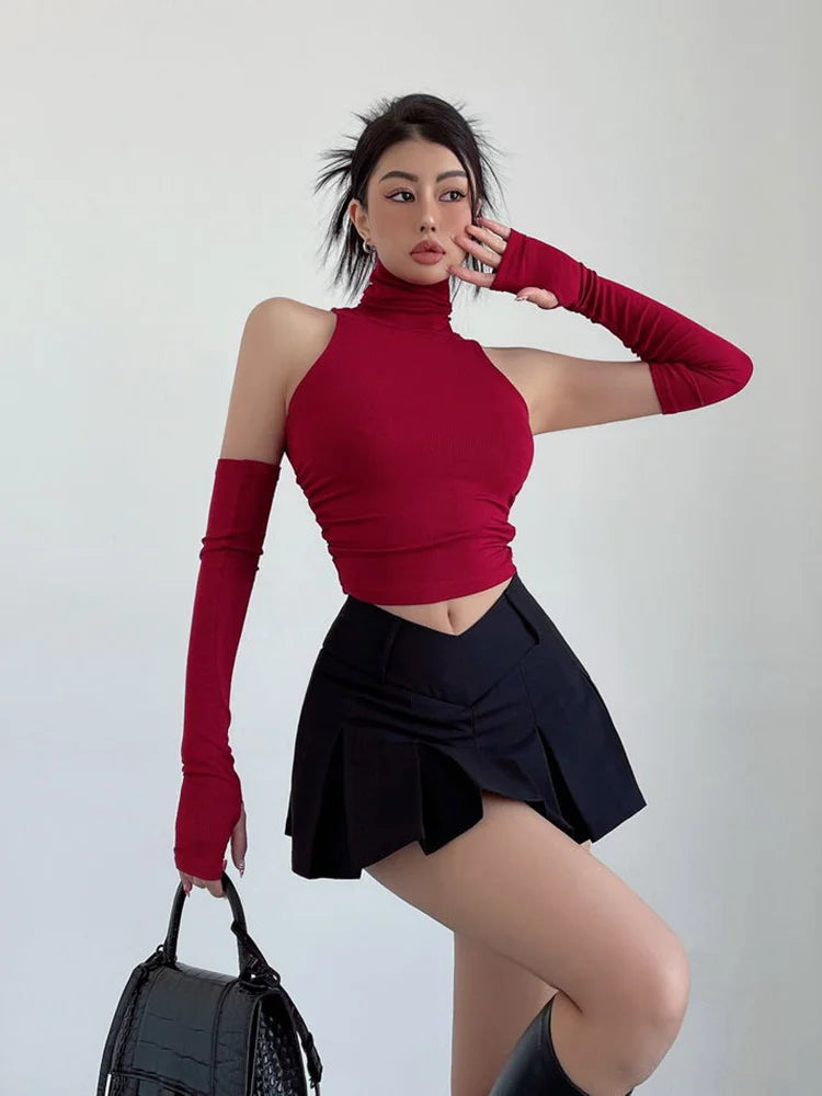 Girl Sleeves High Neck Pleated Club Crop Top