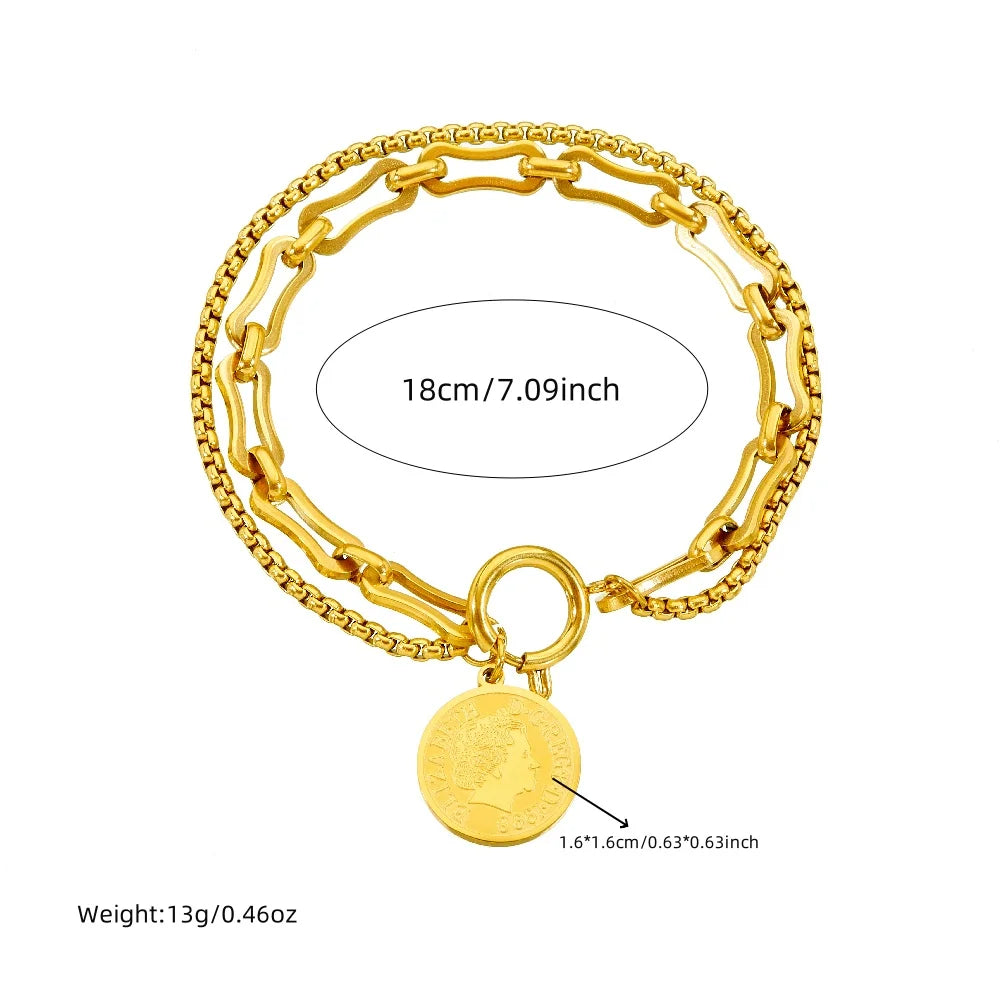 New Stainless Steel Golden Portrait Hanging Coin Necklace Earrings Bracelet Set