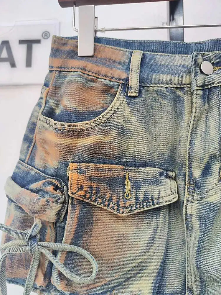 DEAT Denim Skirts Multiple Pockets Patchwork Washed A-line Mini Skirt