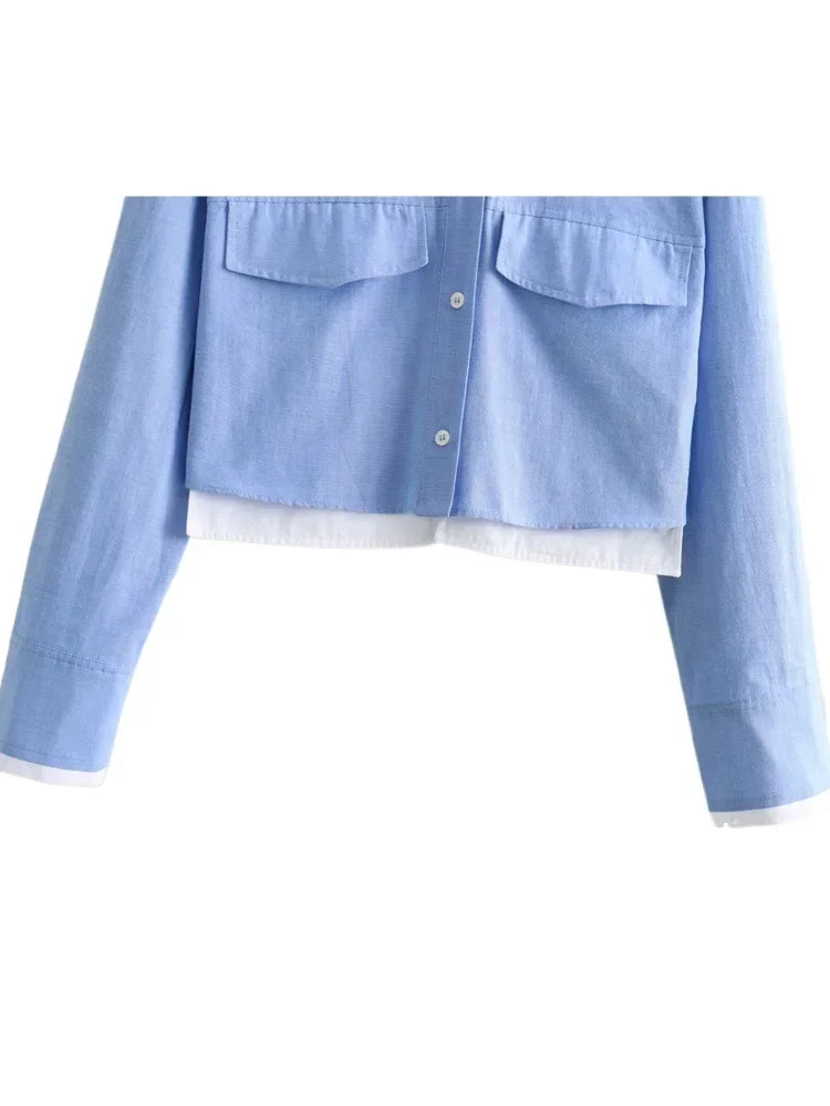 Women Fashion Crop Oxford Blouse Shirt