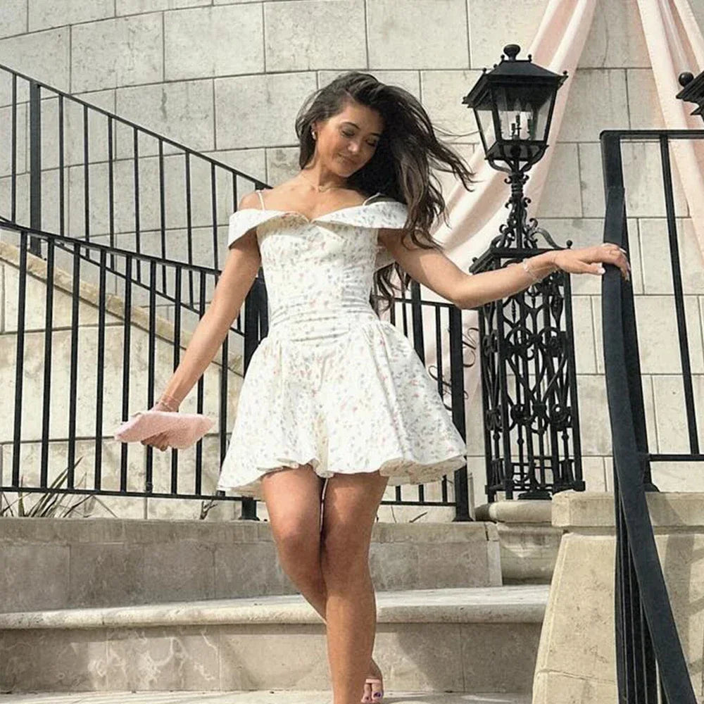 Suninheart Floral Print Short Party Dresses Off The Shoulder Tulle Dress