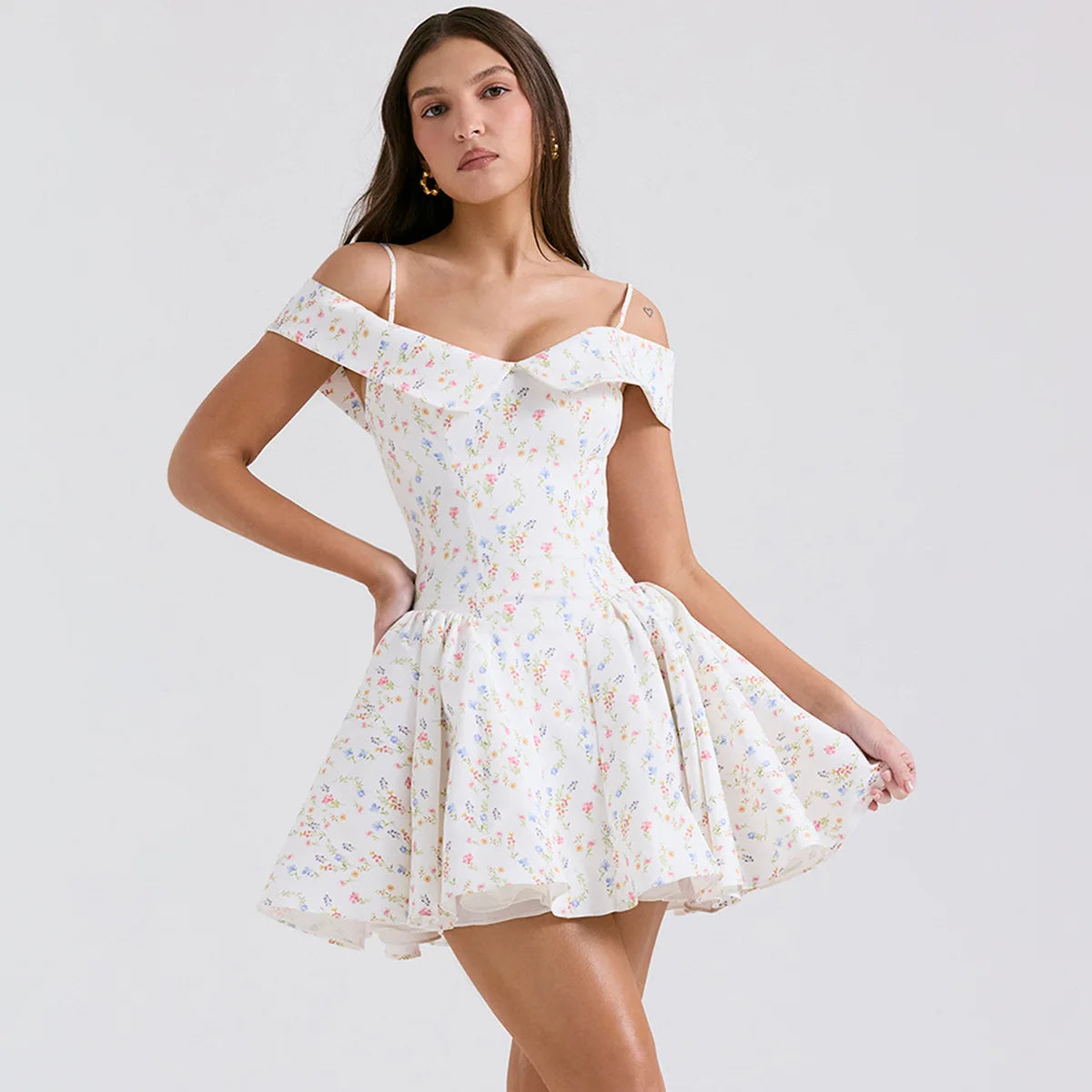 Suninheart Floral Print Short Party Dresses Off The Shoulder Tulle Dress