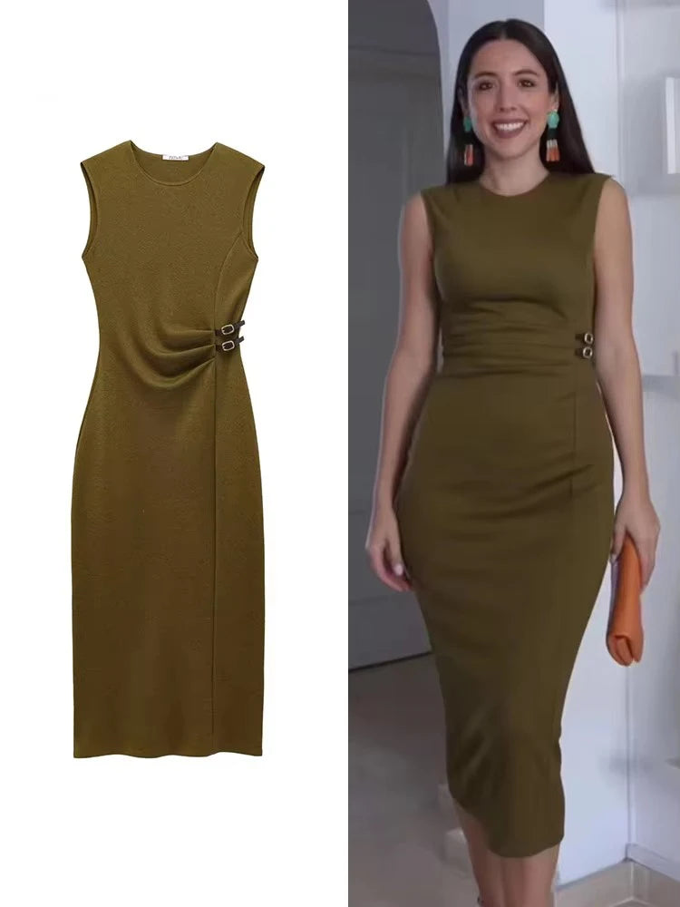 Pleated Midi O-neck Sleeveless Chic Pleated Dress Causal Party Dress