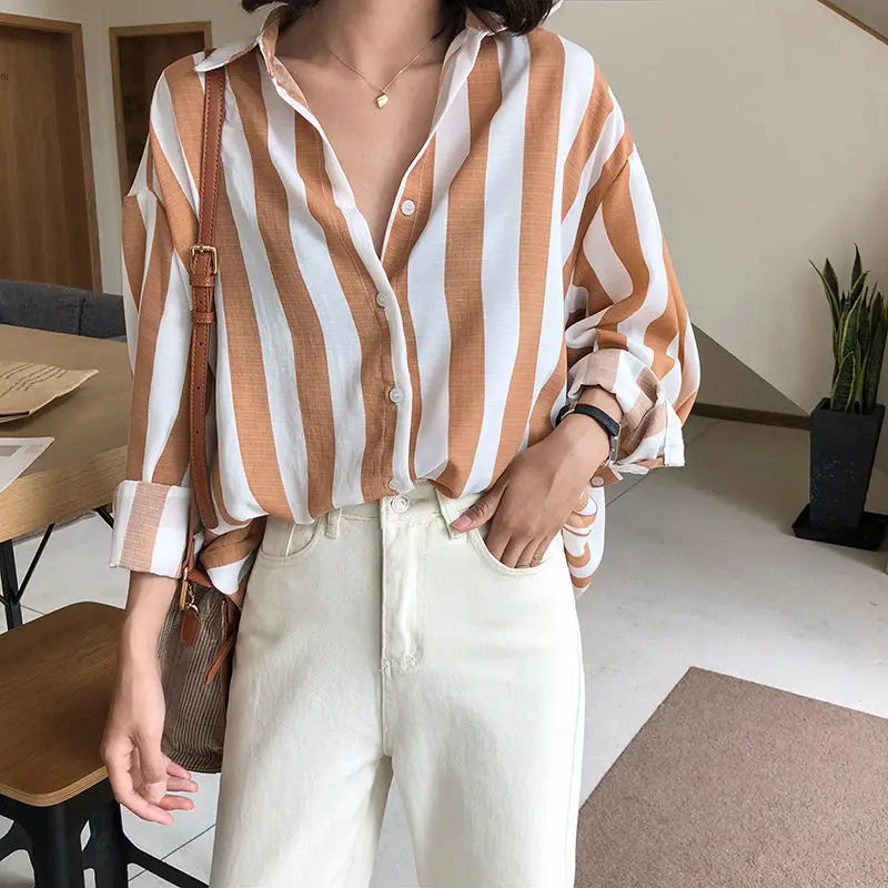 Summer Loose POLO Collar Striped Printed Chiffon Shirt
