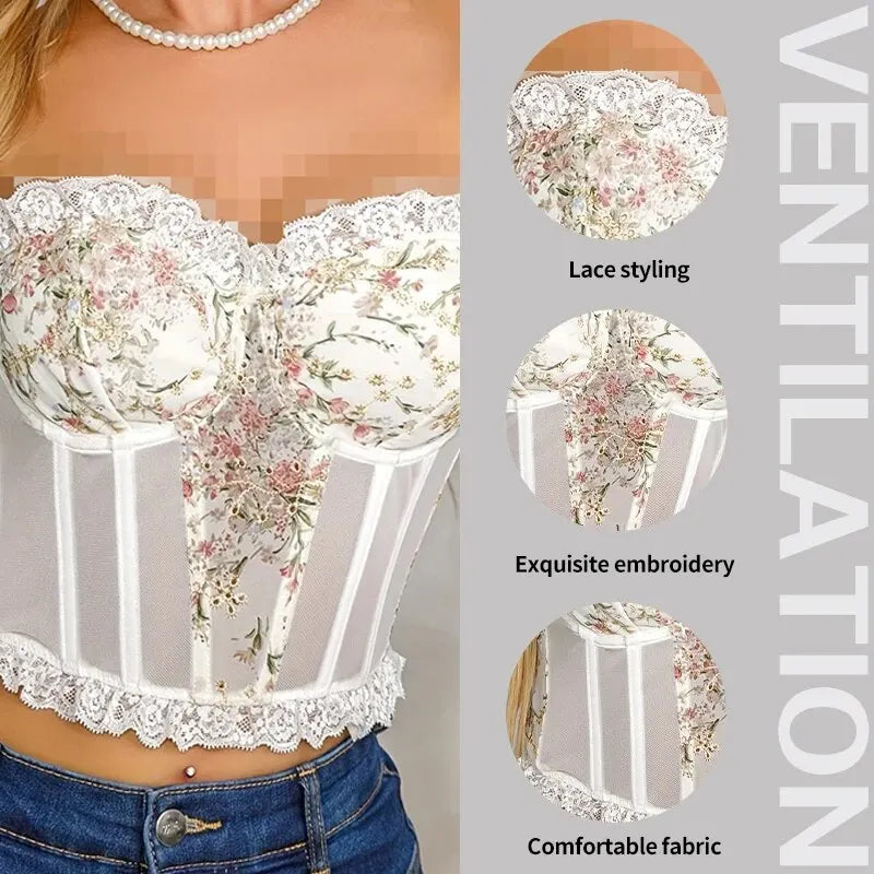 Women's White Lace Mesh Fish Bone Chest Flower Embroidered Bra