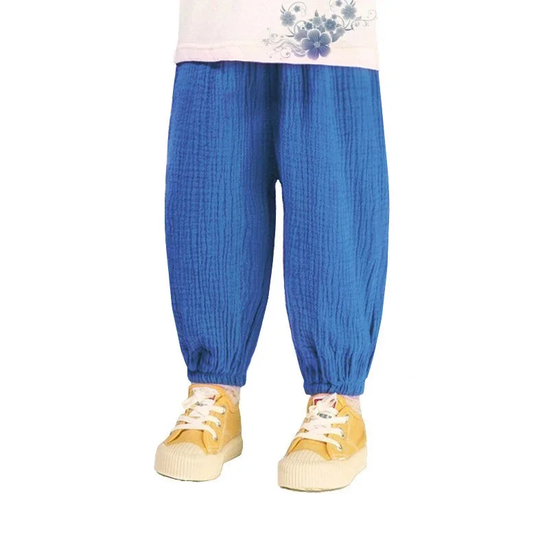 Summer Boys Cotton Linen Solid Color Loose Pleated Pant