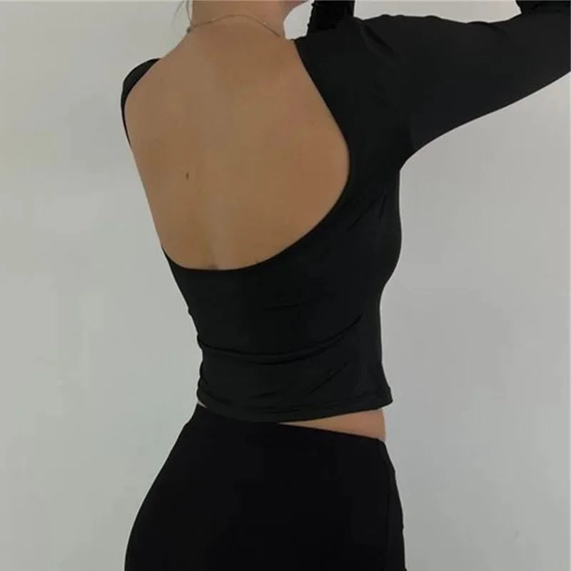 Black Backless Round Neck Long Sleeve Bodycon Top