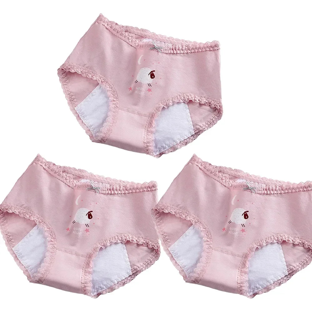 Girls Mid Waist Bear Cotton Period Briefs Soft Underwear