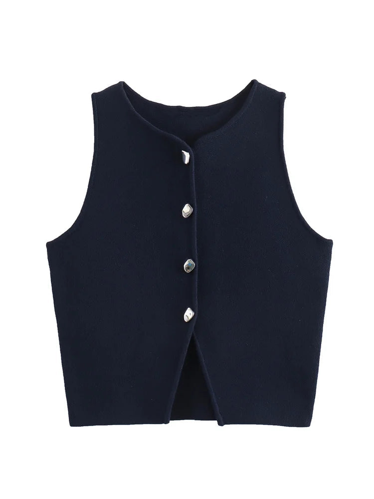 Women Fashion Sleeveless Buttons Hem Split Tops