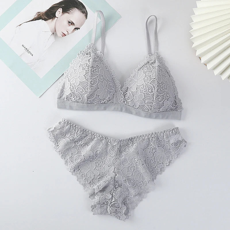 New Low Waist Briefs Vneck Embroidery Brassiere Panties Set