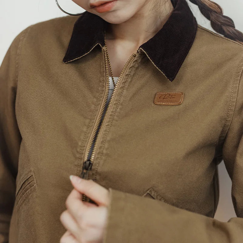 Women Vintage Turn-down Collar Workwear Jacket