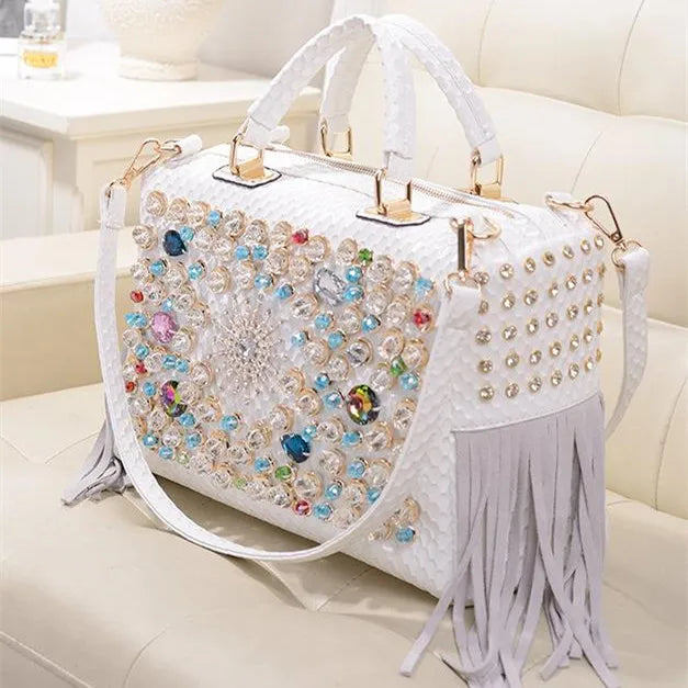 Genuine Leather Tassel Fashion Rhinestone Large Capacity Female Shoulder Crossbody Bags