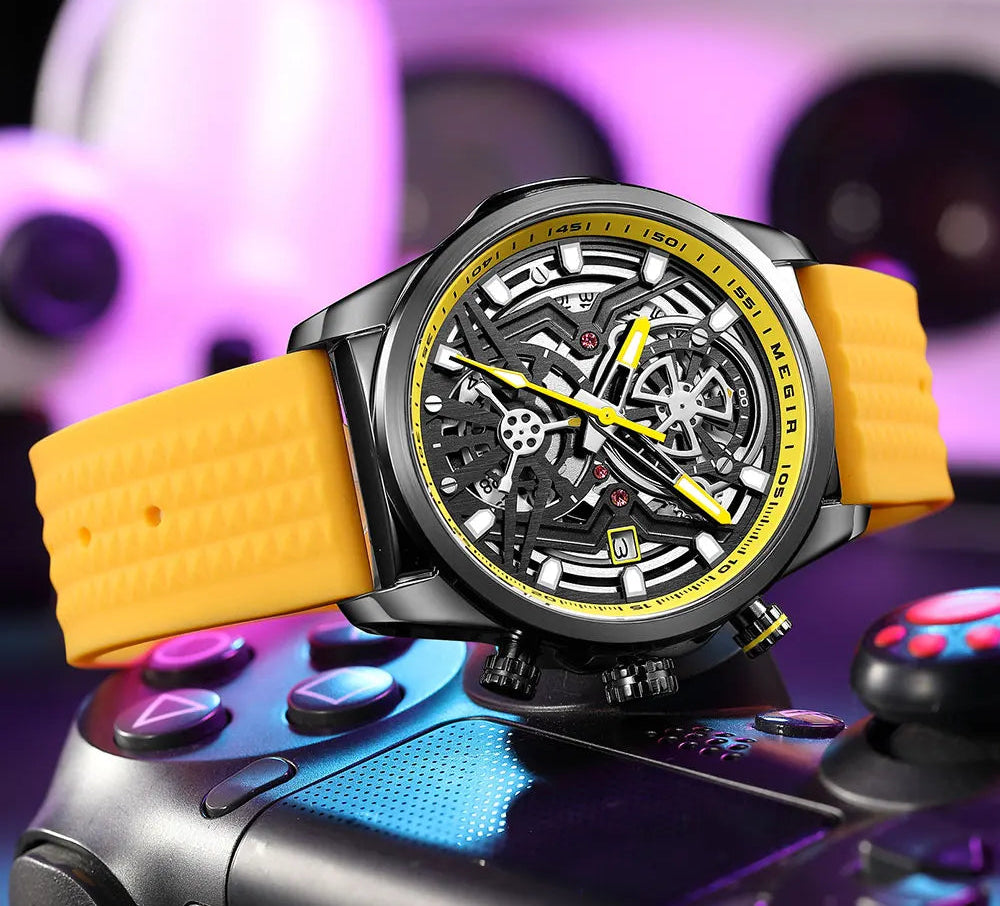 Herrenmode wasserdichte gelbe Silikonarmband-Sportarmbanduhr