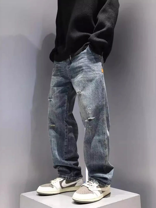 New Men's Baggy Straight Fashion Vintage Blue Denim Pants