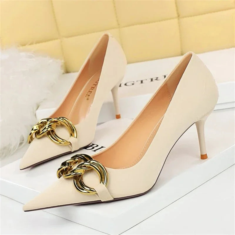 Women's Fashion Nude Metal Buckle Pumps High-Heels