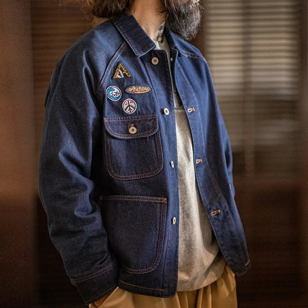 Neue schwere Jeansjacke mit aufgesticktem Vintage-Abzeichen von Maden