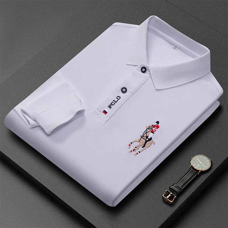 Besticktes Langarm-Poloshirt für Herren in Volltonfarbe
