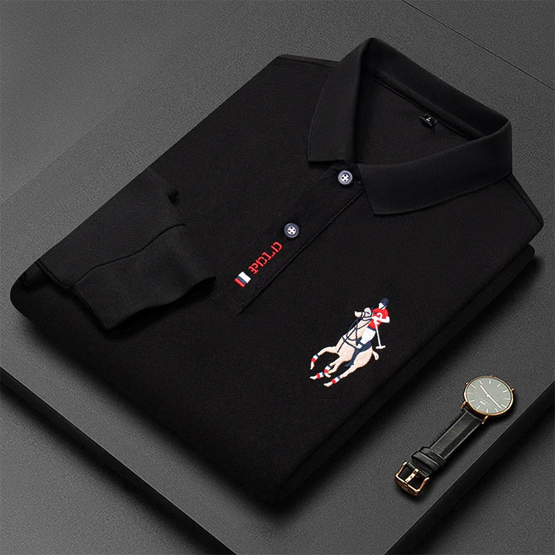 Besticktes Langarm-Poloshirt für Herren in Volltonfarbe