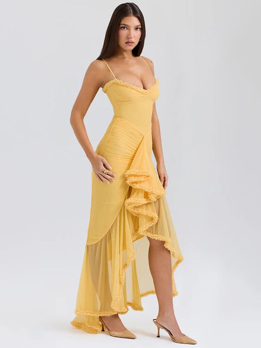 Gelbes ärmelloses rückenfreies Kleid mit Spaghettiträgern