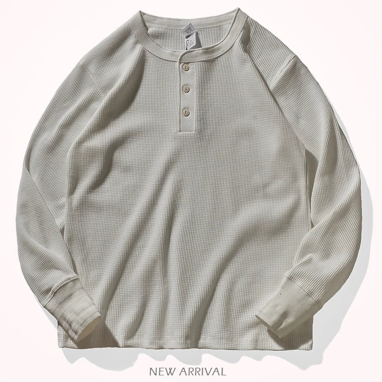 Autumn And Winter New American Heavyweight Retro Men's Waffle Long-sleeved T-shirt