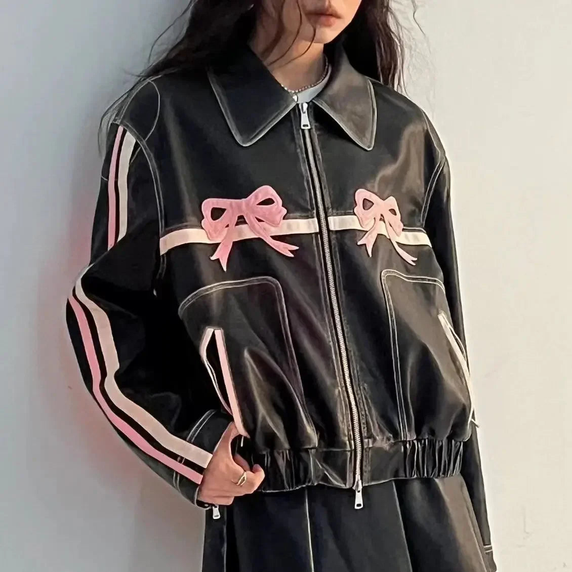 Women Fashion Bow Casual PU Coat