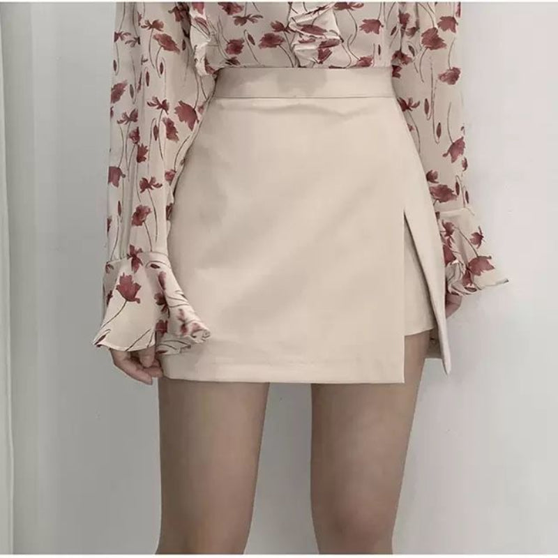 Mini Skirts Women Irregular Solid Side-slit Stretchy Style Trendy Chic
