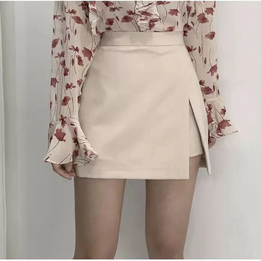 Mini Skirts Women Irregular Solid Side-slit Stretchy Style Trendy Chic