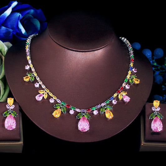 New Luxury Big Pink Water Drop Bridal Wedding Party Jewelry Set