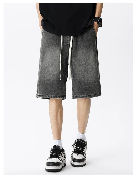 Thin Retro Casual Denim Shorts Soft Comfortable Stretchy Loose Drawstring