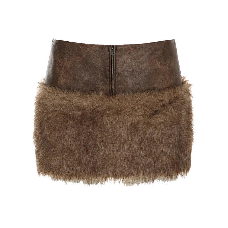 Patchwork Faux Fur Women’s Skirts Chic Sexy Mini Leather Skirt