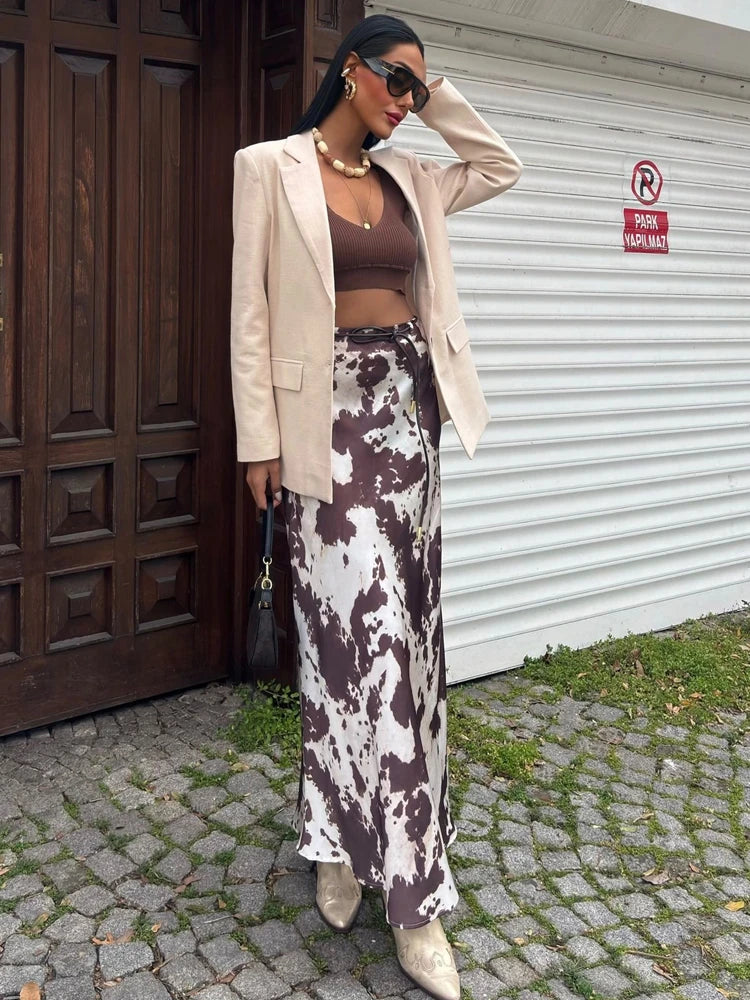Animal Print Satin Skirt Women Fashion Ruffles Midi Skirts With Belt