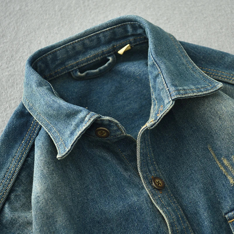Herbst/Winter Grobes, verwaschenes Denimhemd im Retro-Look