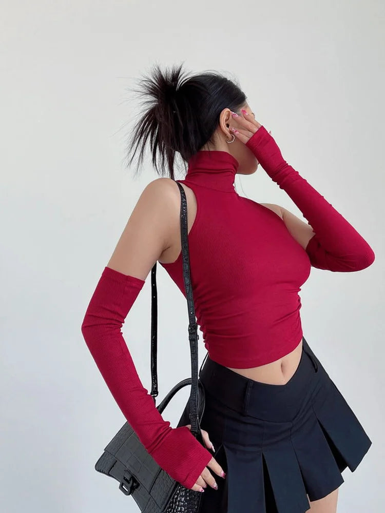 Girl Sleeves High Neck Pleated Club Crop Top