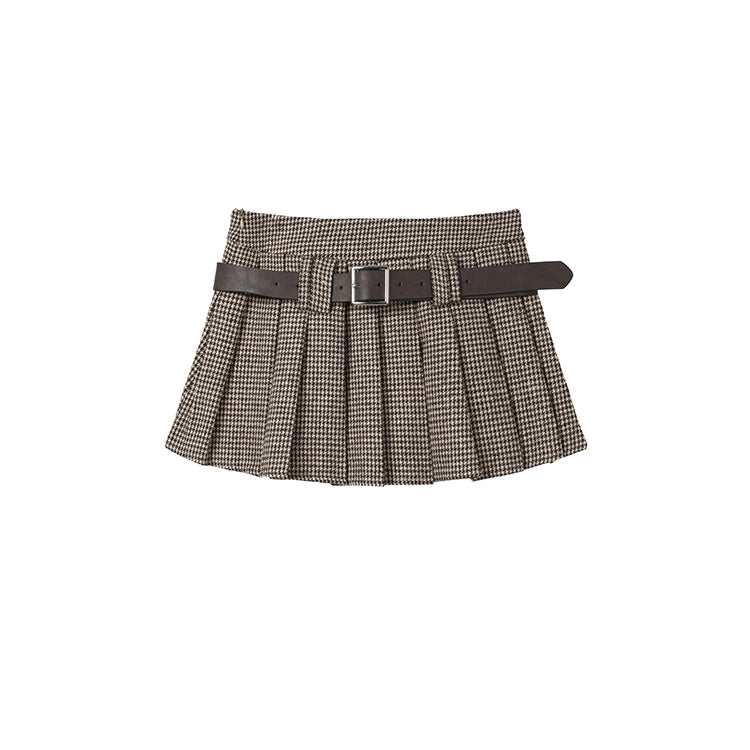 Y2K Low Rise Houndstooth Mini Skirt with Belt Woolen Pleated Mini