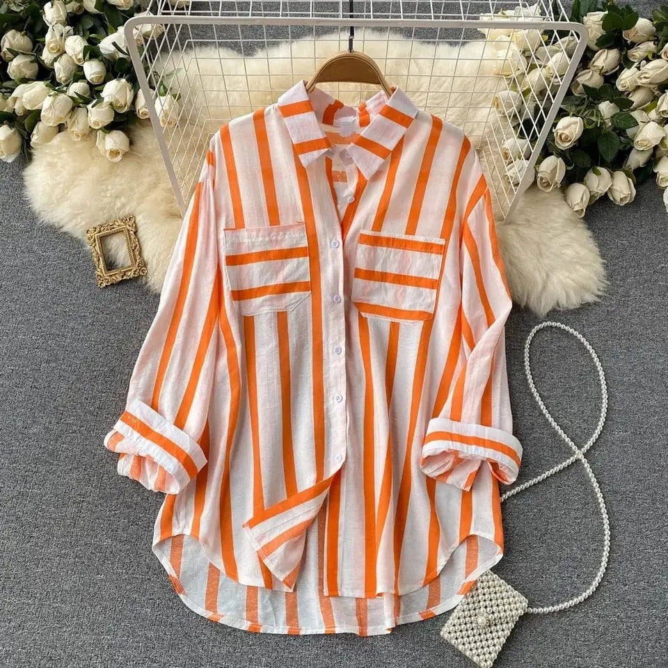 Summer Striped Blouse Fashion Turn-down Collar Long Sleeve Button Top