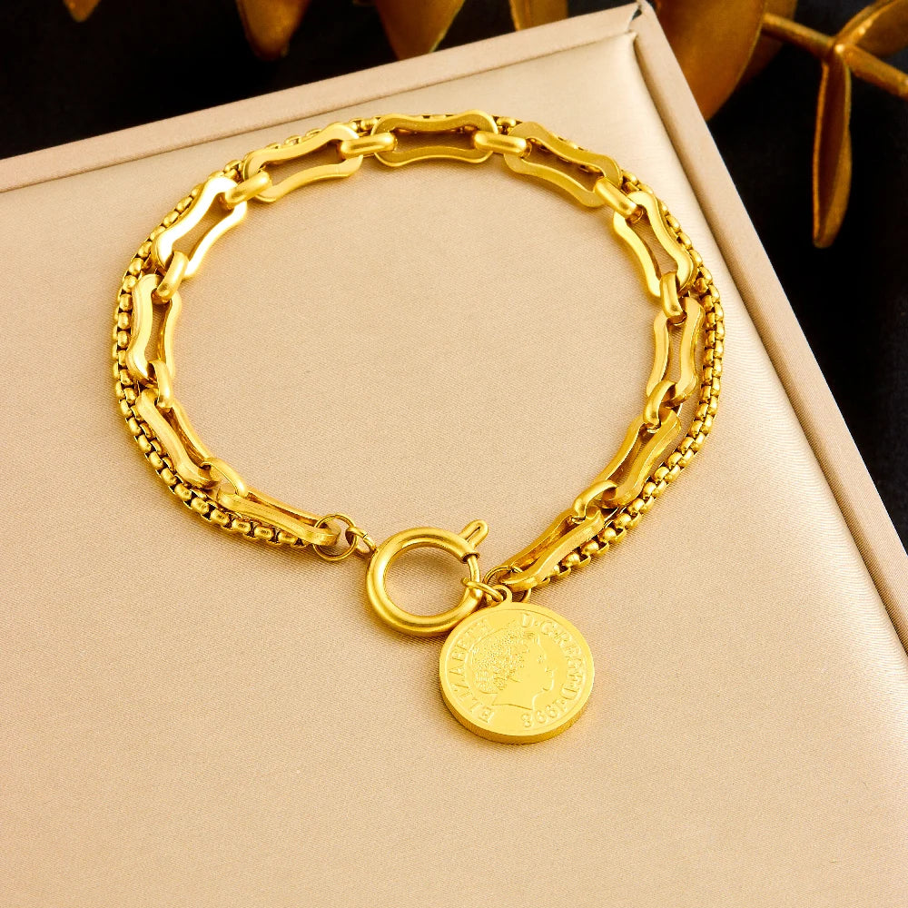 New Stainless Steel Golden Portrait Hanging Coin Necklace Earrings Bracelet Set