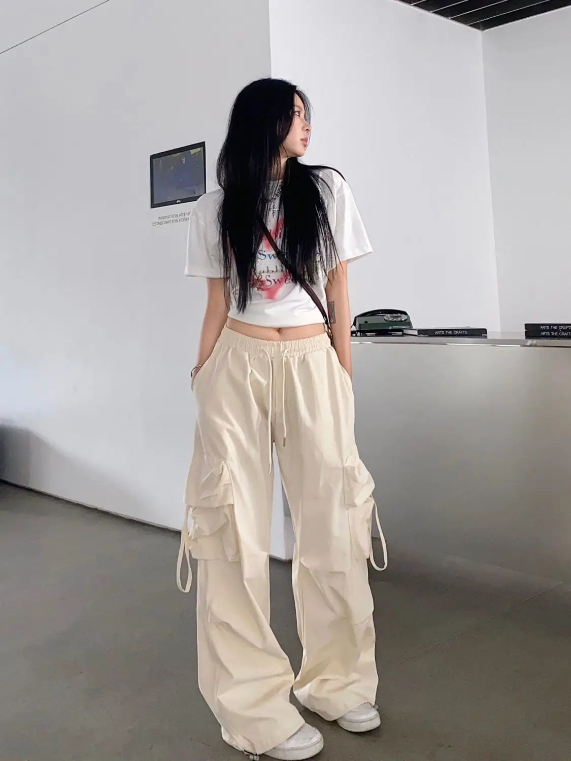 Koreanische Mode Kpop Beige Cargohose