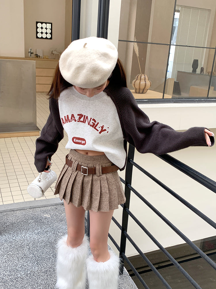 Y2K Low Rise Houndstooth Mini Skirt with Belt Woolen Pleated Mini