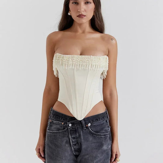 Pearl Tassel Corset Strapless Crop Tops