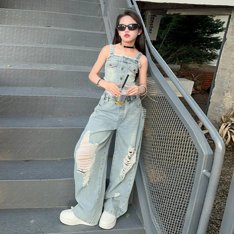New Harbor Flavor Halter Vest Ripped Wide-leg Pants Two-piece Set