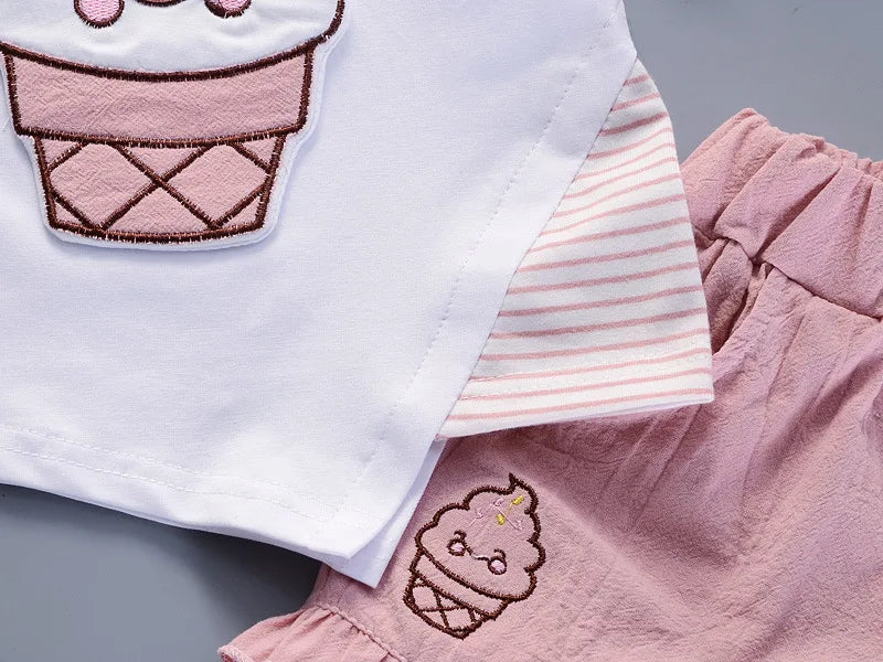 Summer Short Sleeve Cartoon Ice Cream Print T-shirt Pant 2PCS Baby Set