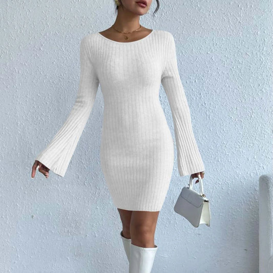 Solid Color High Quality Knitted Backless Dresses Long Sleeve Dress