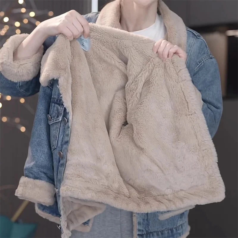 Neue lässige, dicke Jeansjacke aus Samt in Plusgröße