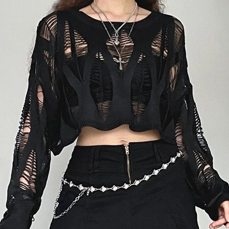 Hollow Out Batwing Sleeve Knitted Tops
