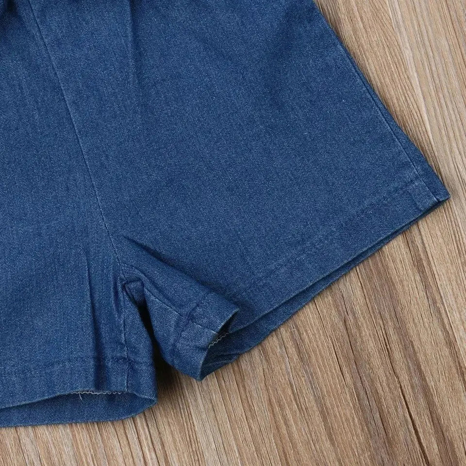 Girls' Casual Denim Sleeveless Bow Jumpsuit