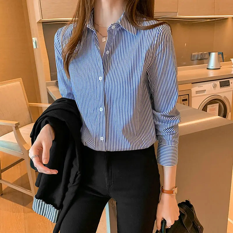 New Long Sleeve Turn-down Collar Korean All-match Lady Shirt