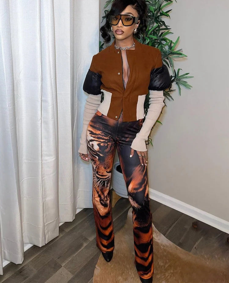 Women Classic Patchwork Long Sleeve Zip-up Slim Fit Jackets