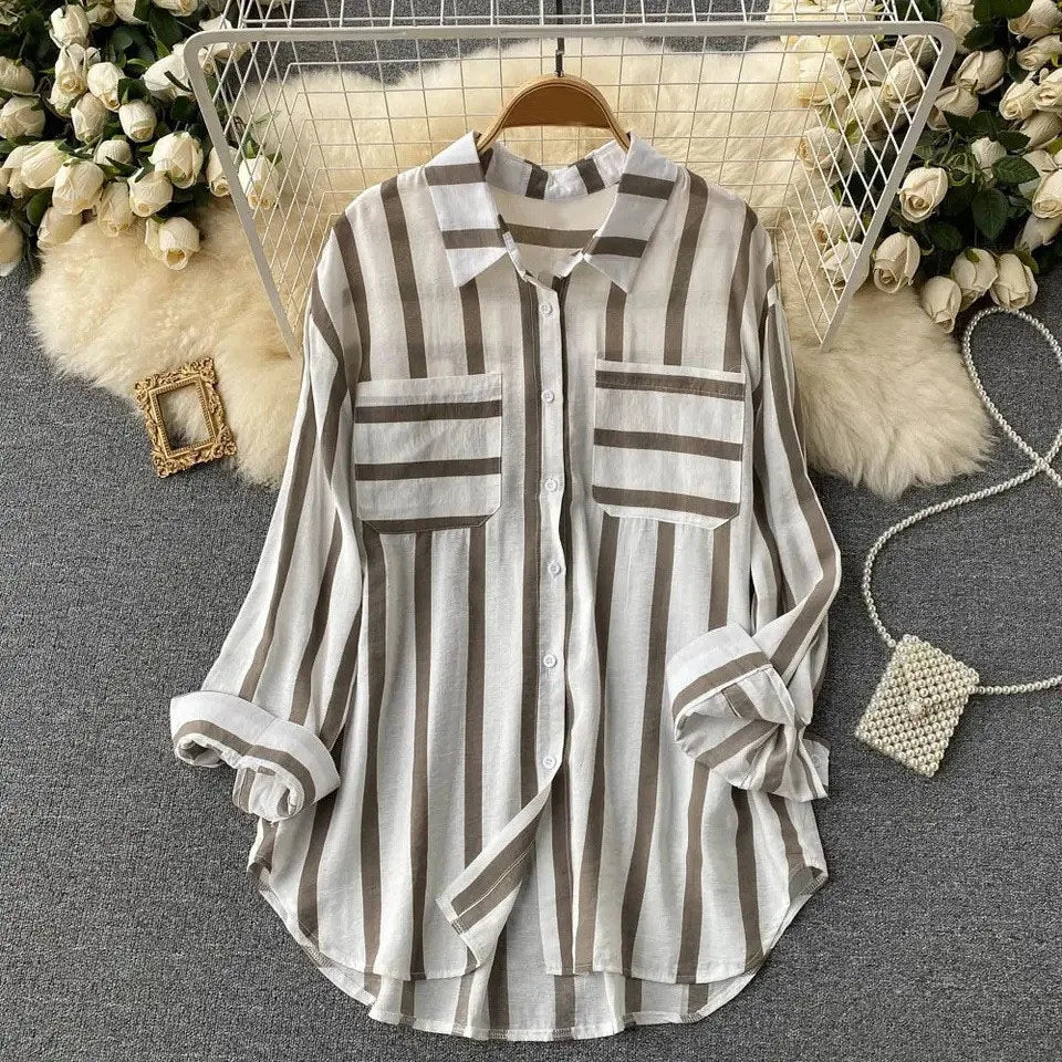 Summer Striped Blouse Fashion Turn-down Collar Long Sleeve Button Top